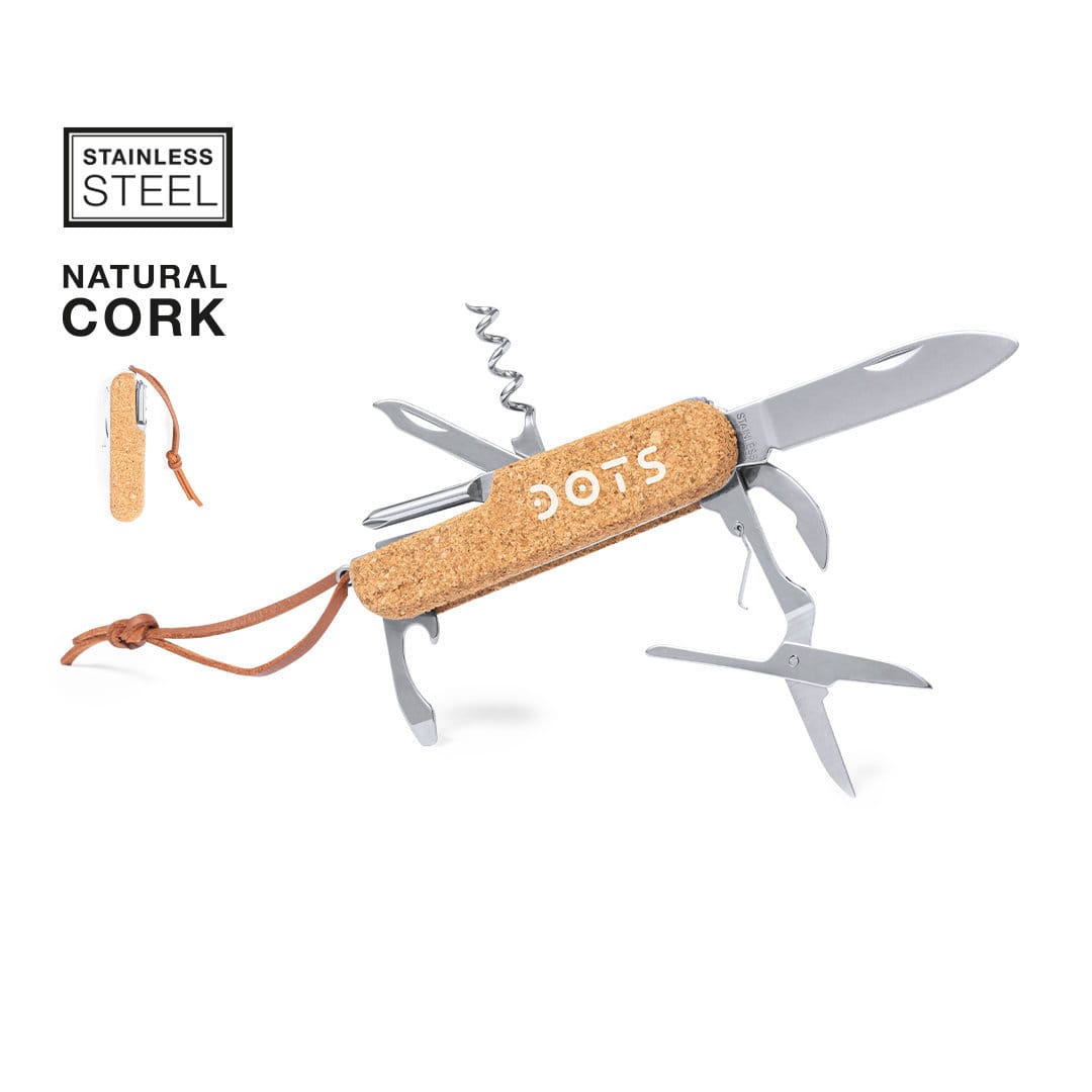 A multifunction pocket knife with stainless steel tools and a natural cork handle, featuring a keyring attachment. Brica Multifunction Pocket Knife - Image 1