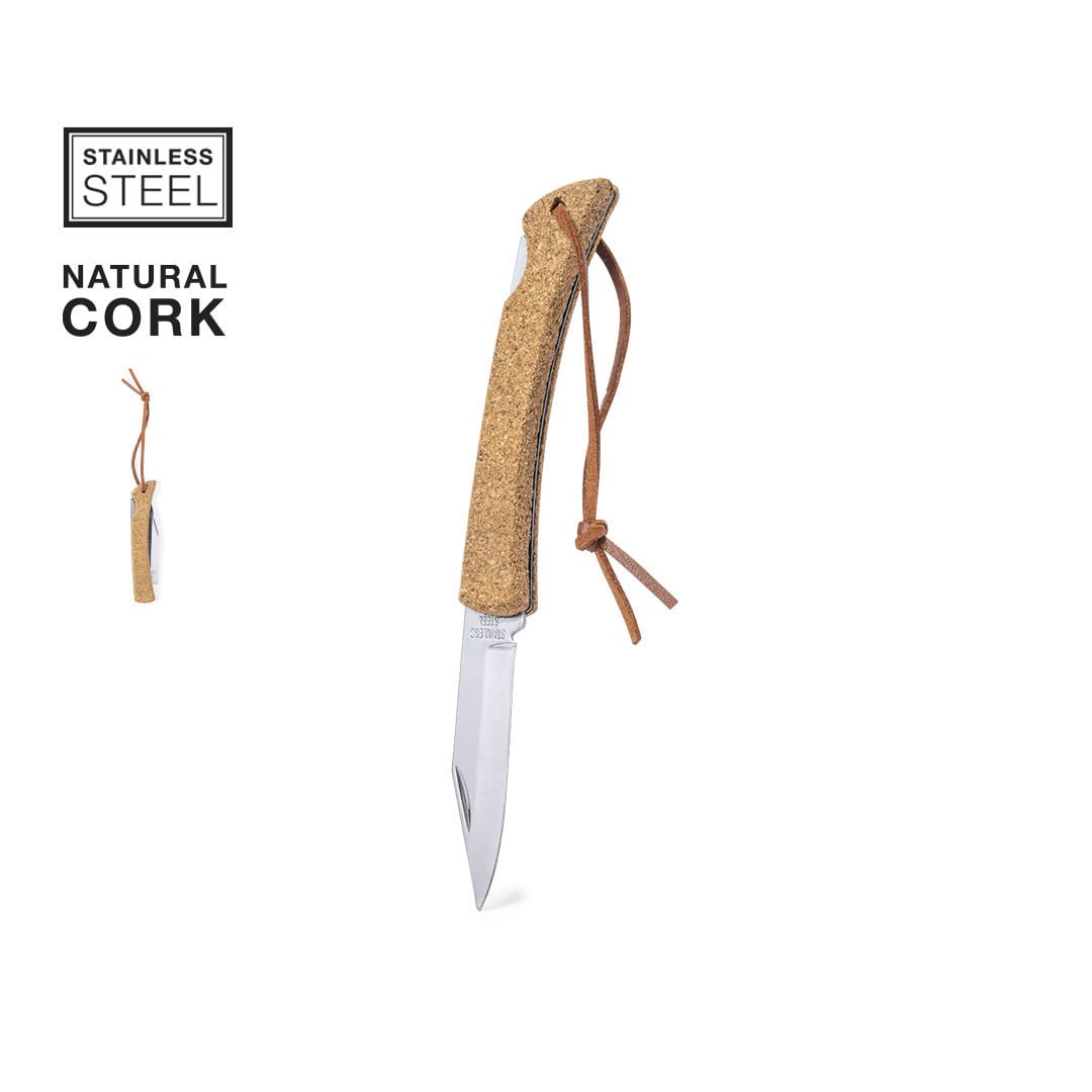 A stainless steel pocket knife with a natural cork handle and leather lanyard, featuring a branding logo. Sarper Pocket Knife - Image 1