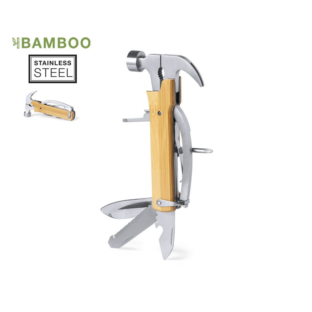 A multi-tool featuring a wooden bamboo handle and stainless steel components, including a hammer, knife, and screwdriver. Craxin - Image 1