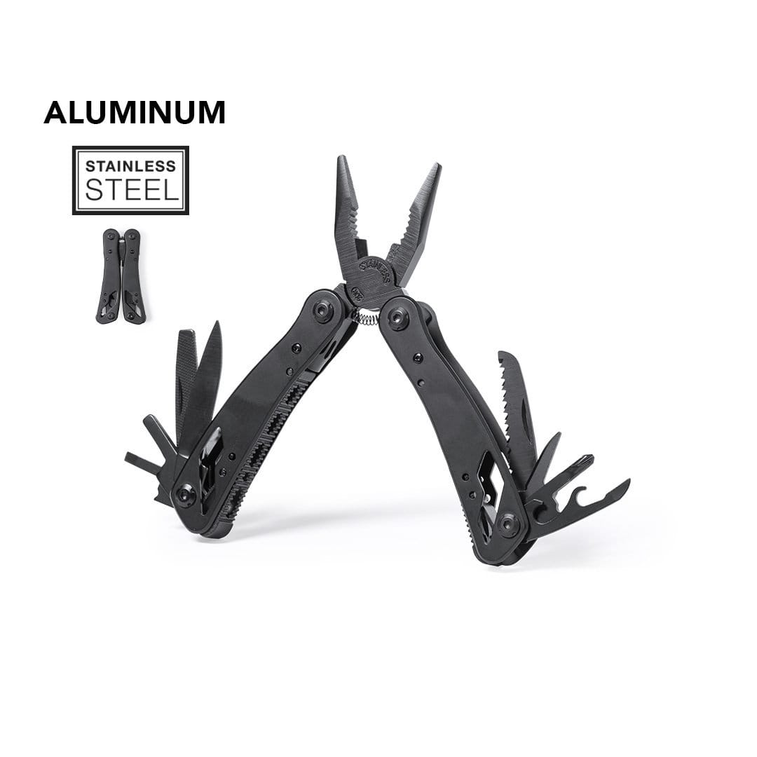 A black multitool featuring pliers, multiple blades, and additional tools, with an accompanying smaller tool displayed. Dailfot Multitool - Image 1