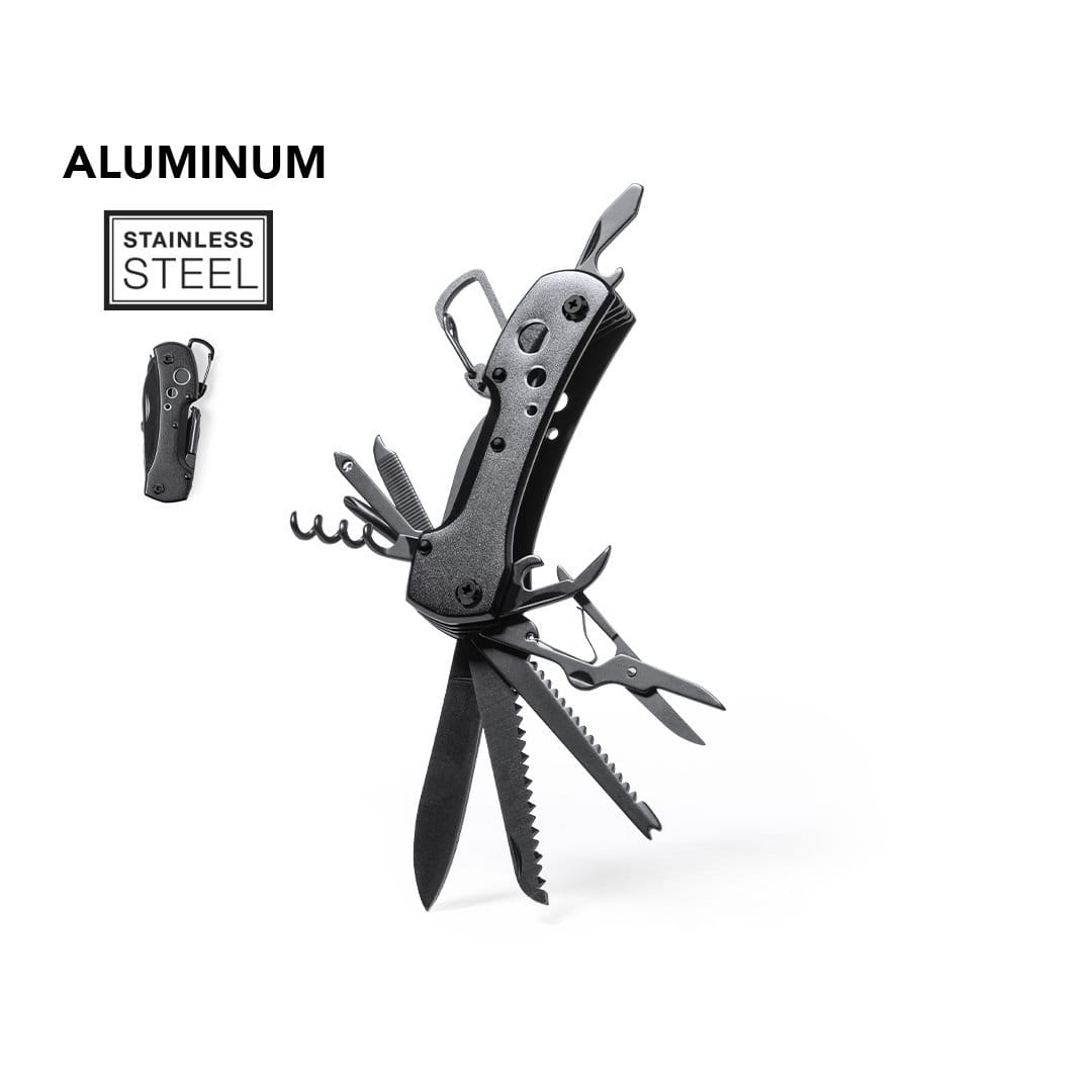 A black multifunction pocket knife with various tools, including blades, scissors, and a corkscrew, featuring a branding logo. Komit Multifunction Pocket Knife - Image 1