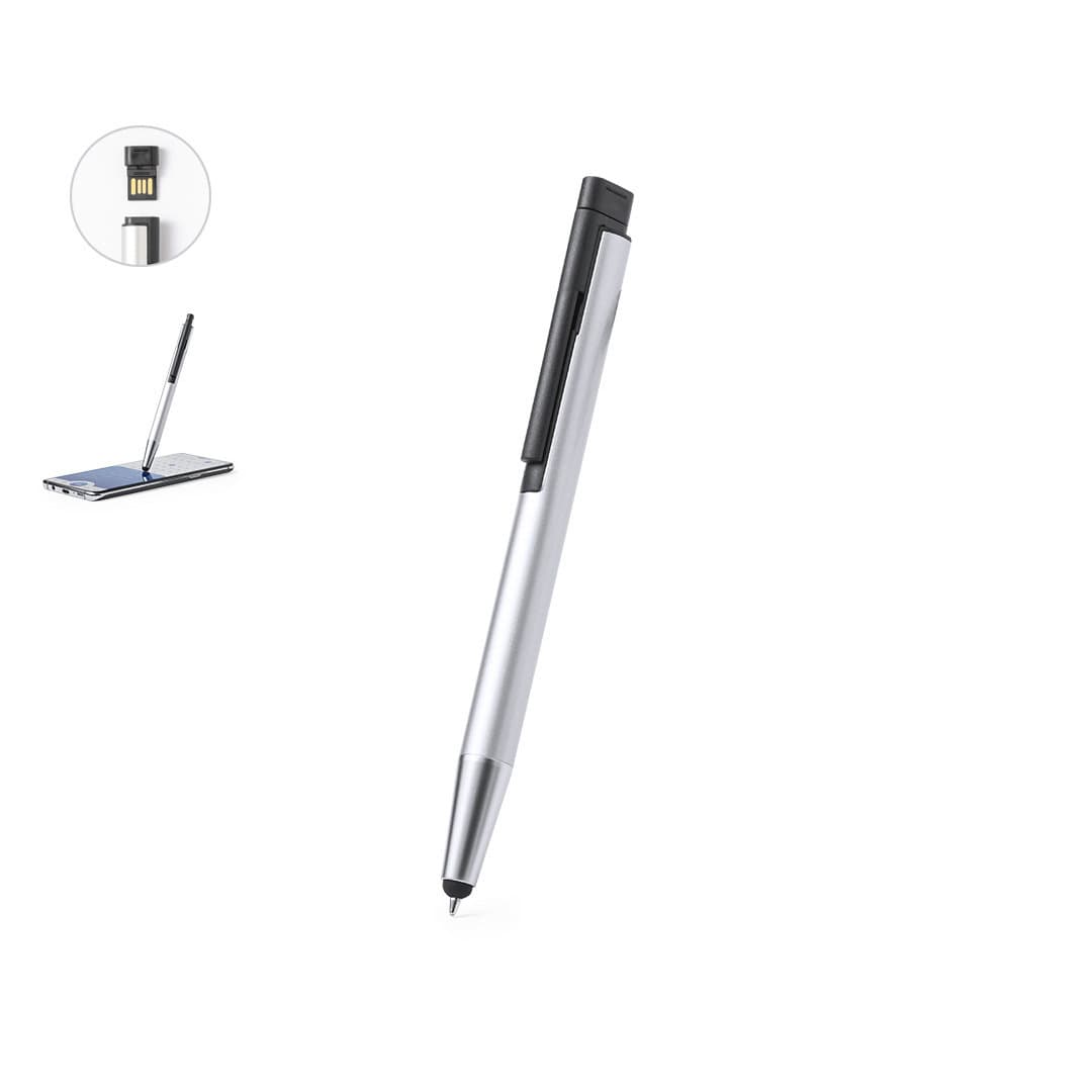 A silver USB stylus touch ball pen with a black clip and a hidden USB connector. Xaba 16 GB USB Stylus Touch Ball Pen - Image 1