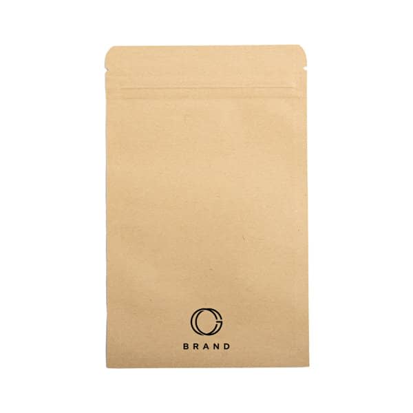 A kraft paper bag in a natural brown colour, featuring a logo at the bottom. Ideal for various miscellaneous items. Small Aluminum Foil Ziplock Kraft Paper Bag - Image 1