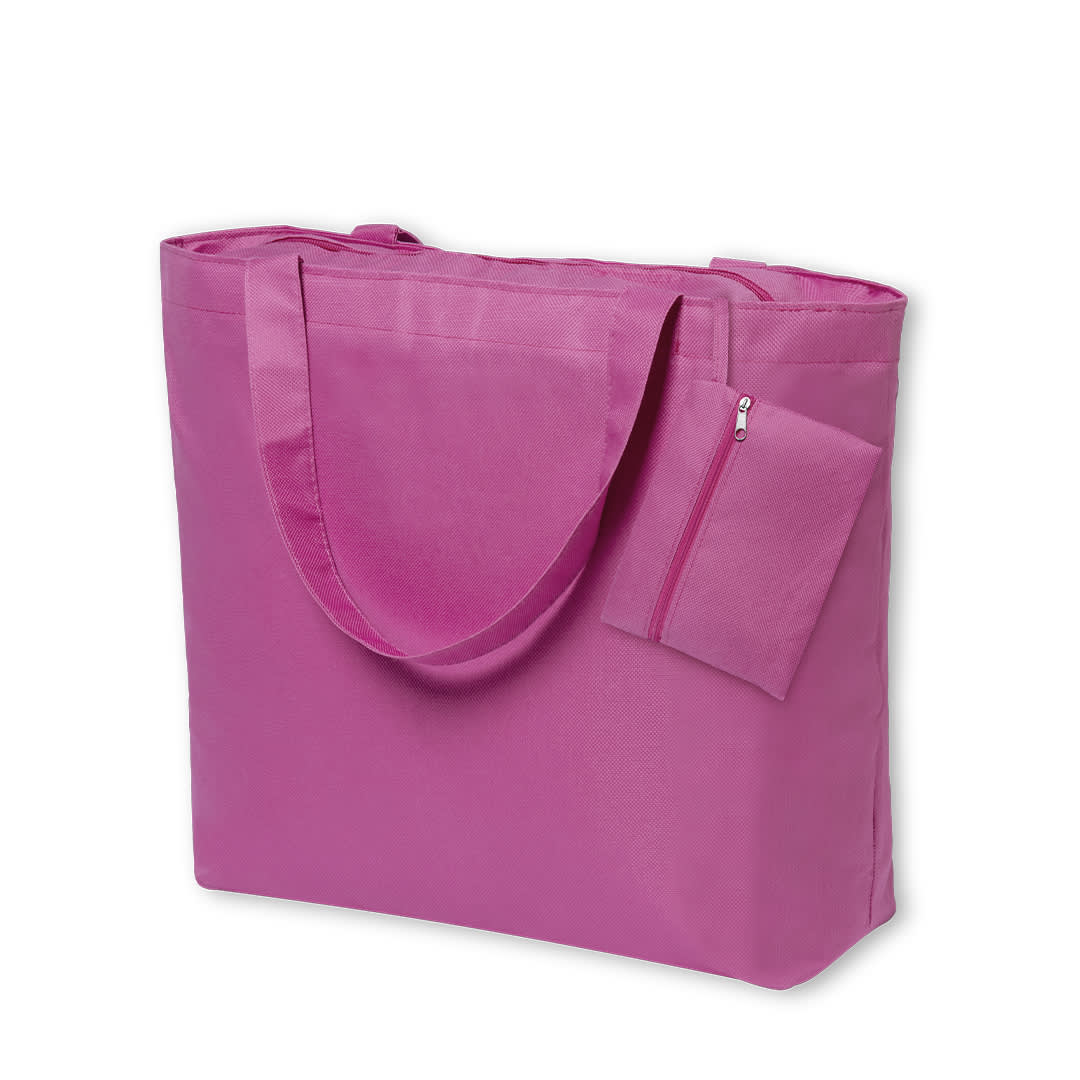 A pink tote bag with two handles and a small zippered pouch attached. It features a logo. Revile Bag - Image 1