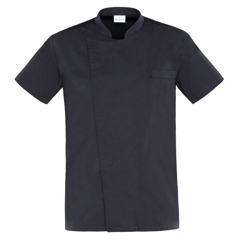 A short-sleeved jacket in black with a stylish crossover design and a chest pocket. It features a logo. Thiago Jacket - Image 1