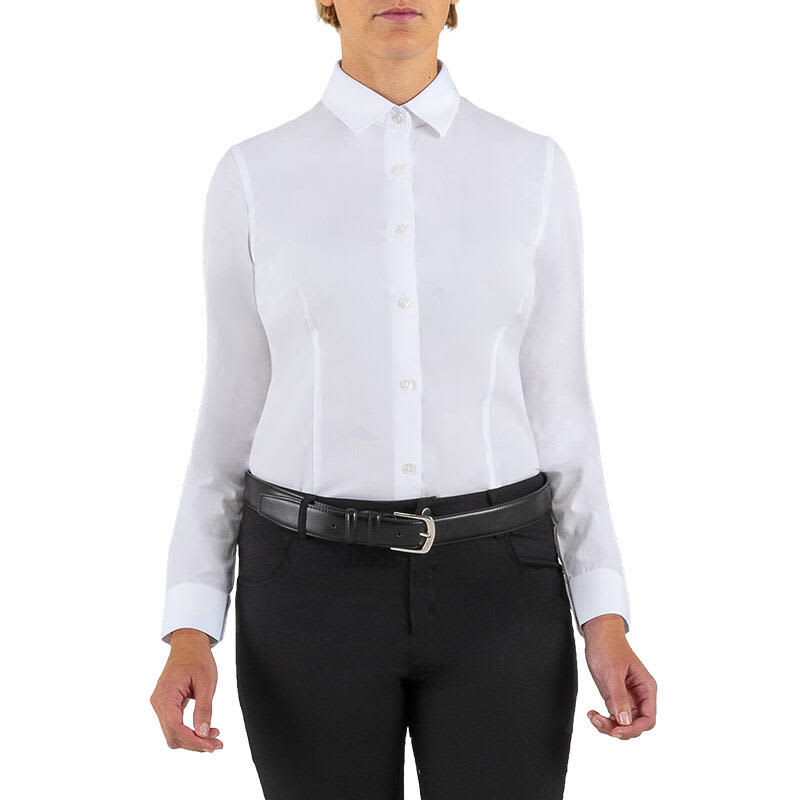 A white long sleeve shirt with a collar, featuring buttons and a black belt. Aurora Long Sleeve Shirt - Image 1