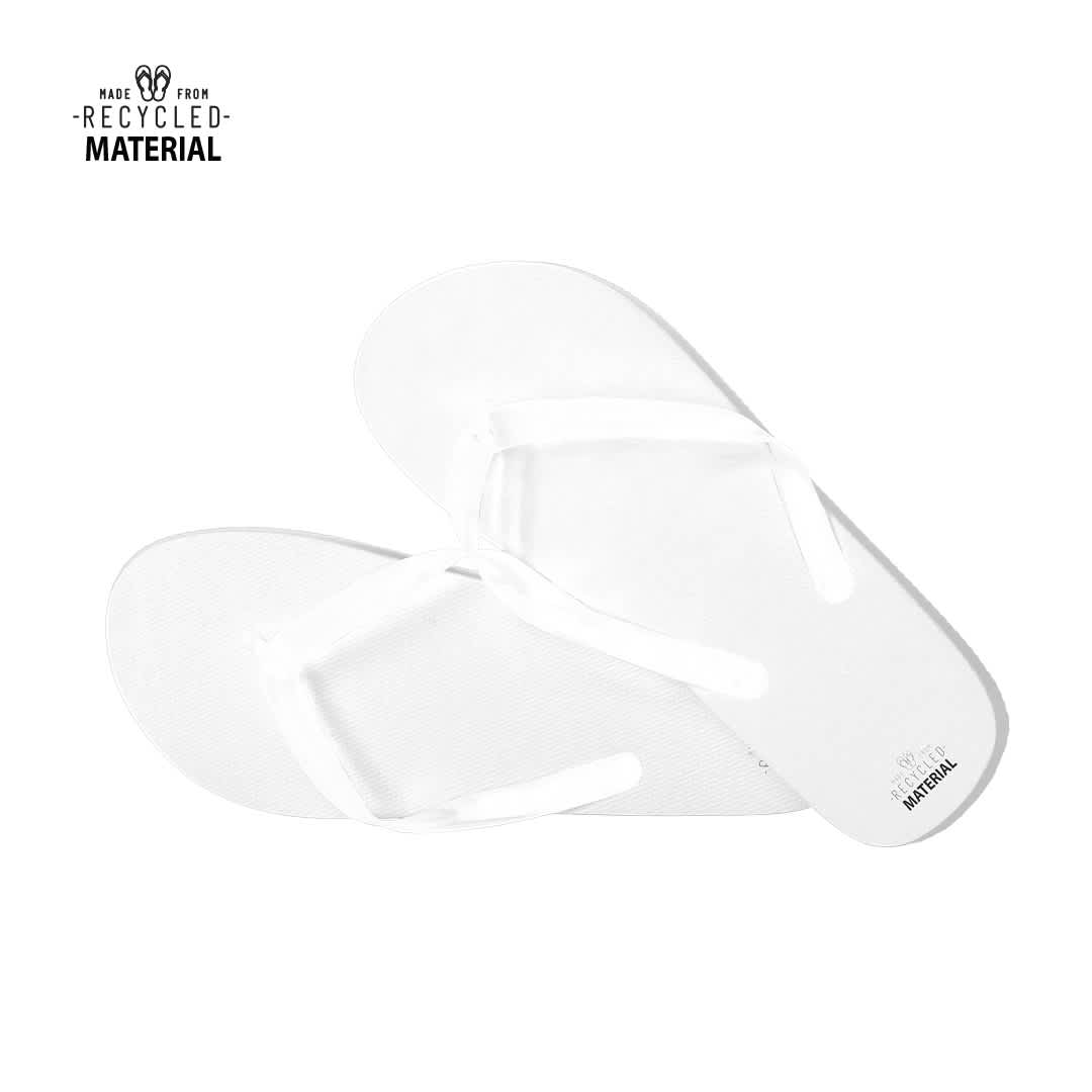 A pair of white flip flops made from recycled material, featuring a simple thong design and a logo. Tapiok Flip Flops - Image 1