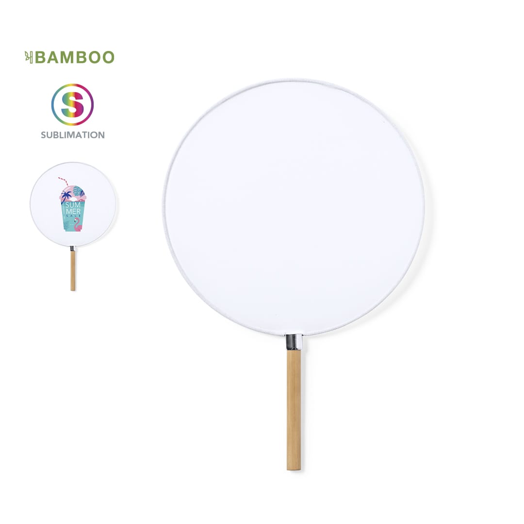 A round sunshade featuring a white canopy and a bamboo handle, with a colourful logo. Olbran Pai Pai - Image 1