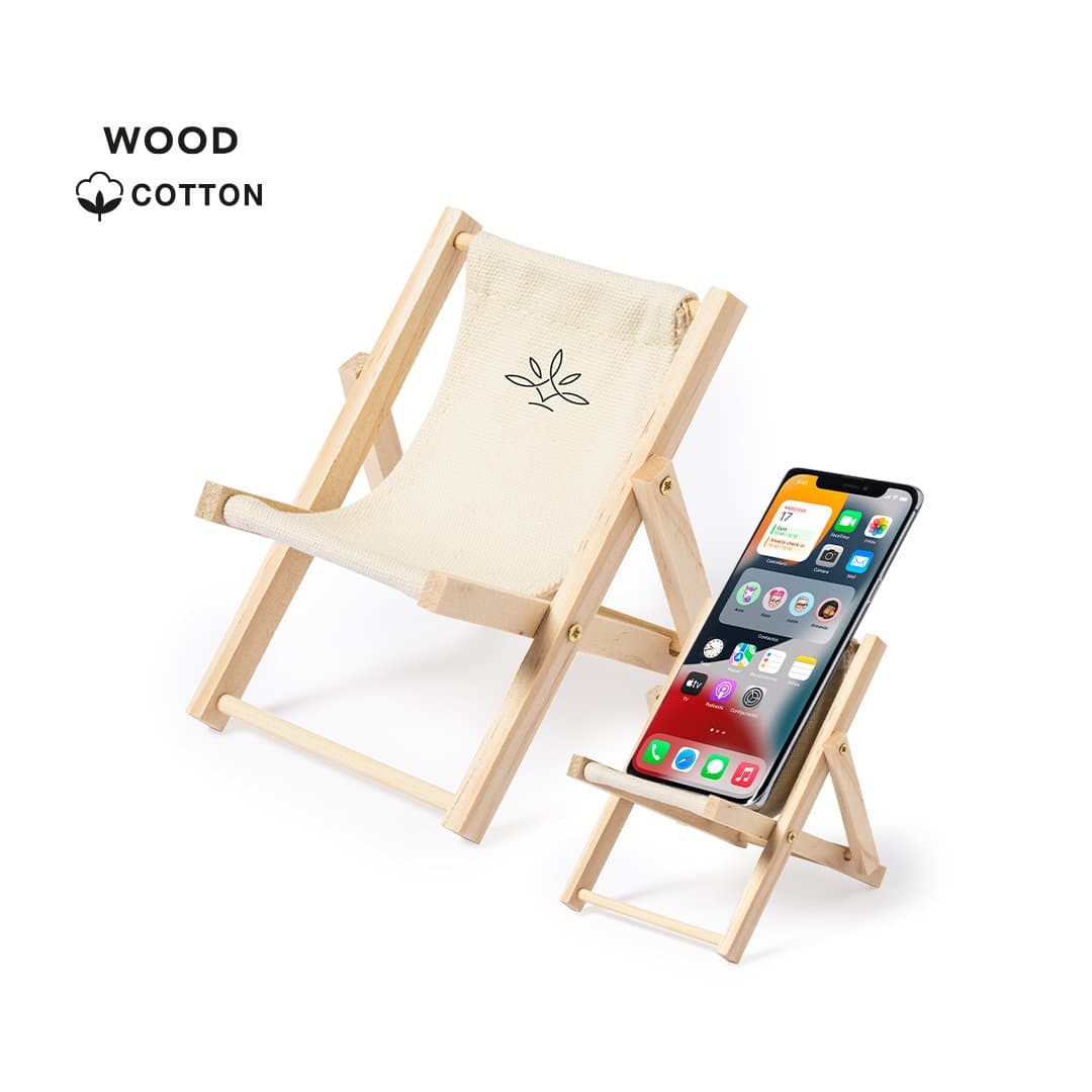 A wooden phone stand in natural colour, featuring a canvas seat and a logo, designed for displaying smartphones. Medrus Holder - Image 1