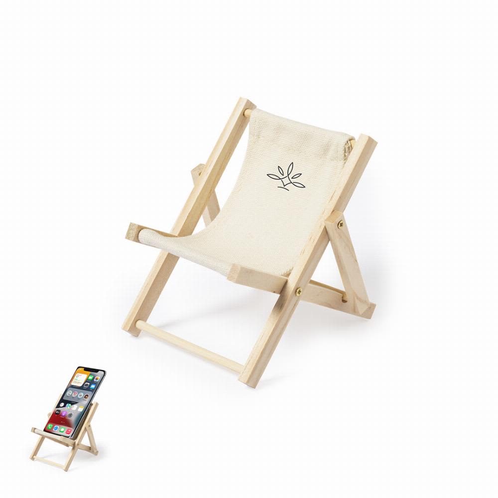 A small wooden chair in light colour with a fabric seat, displaying a simple logo on the backrest. Medrus - Image 1