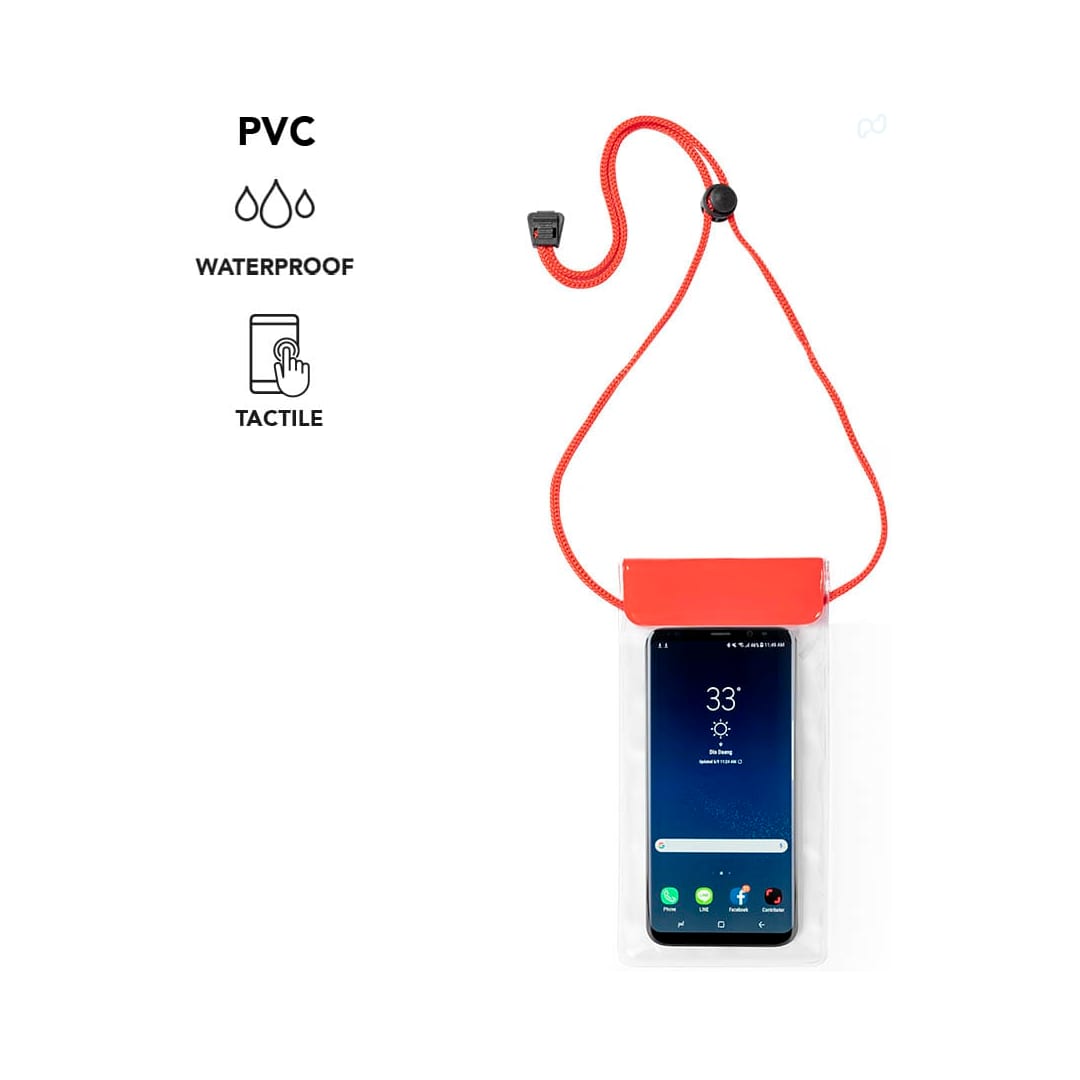 A waterproof PVC pouch in clear with a red top, featuring a neck strap and a smartphone inside. Rokdem Multipurpose Bag - Image 1