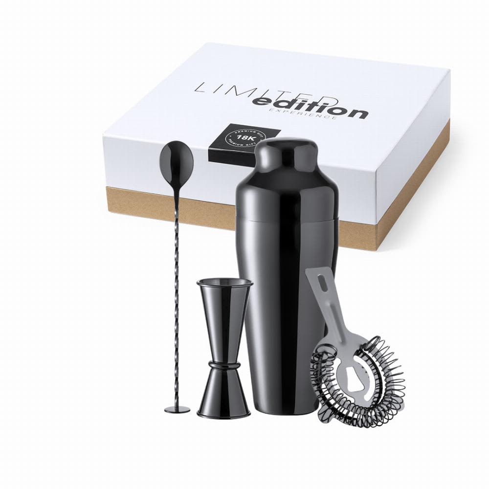 A black cocktail shaker set with a strainer, jigger, and stirring spoon, presented in a box with a logo. Relien - Image 1
