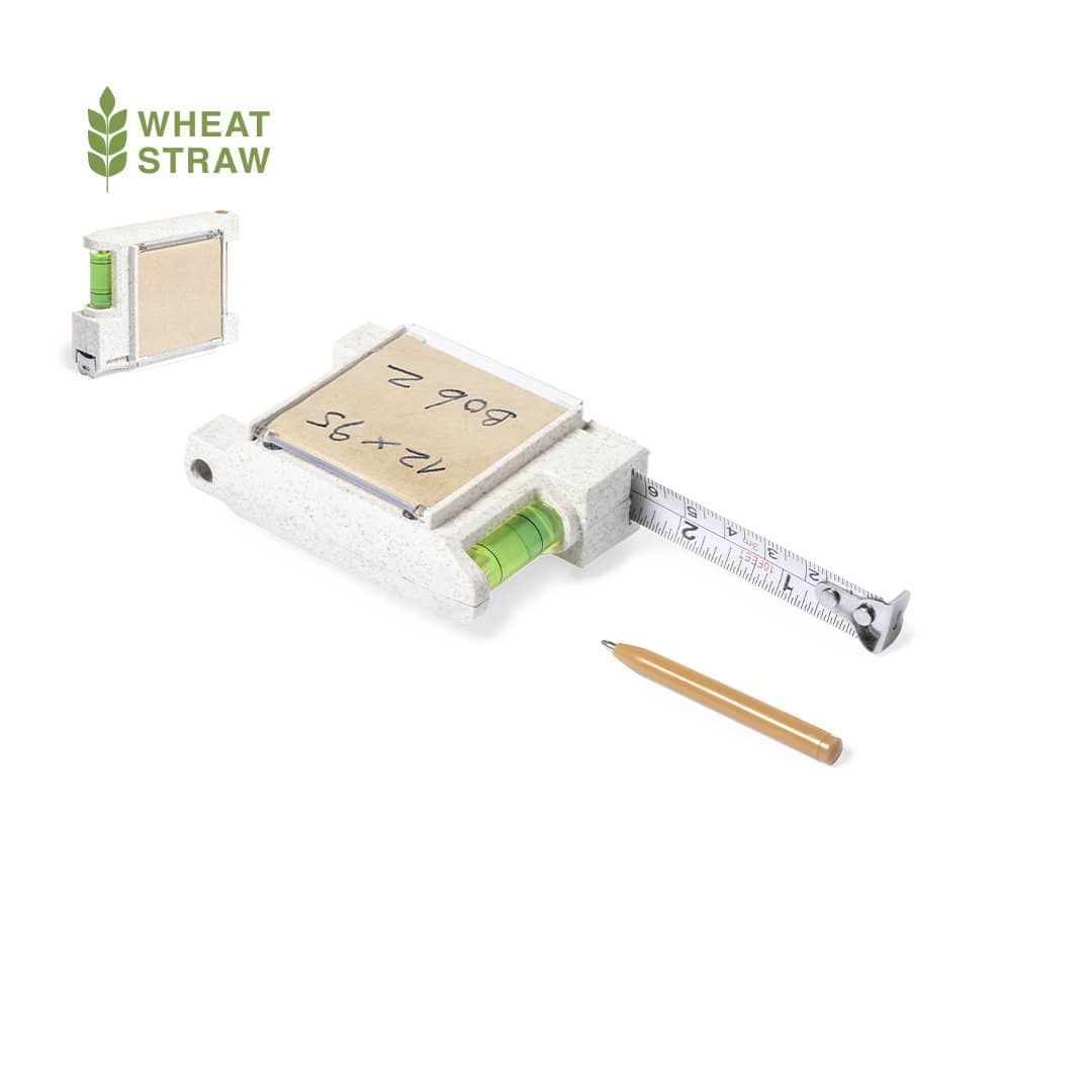 A multifunction tape measure in white with a green measuring tape and a pencil alongside. Includes a branding logo. Sanwel 3m Multifunction Tape Measure - Image 1