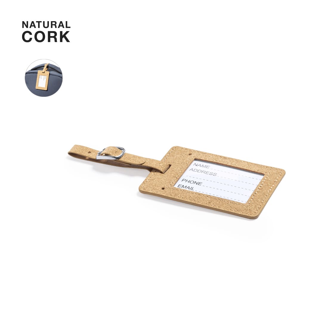 A natural cork luggage tag with a clear identification panel and a metal buckle for attachment. Dastin Luggage Tag - Image 1