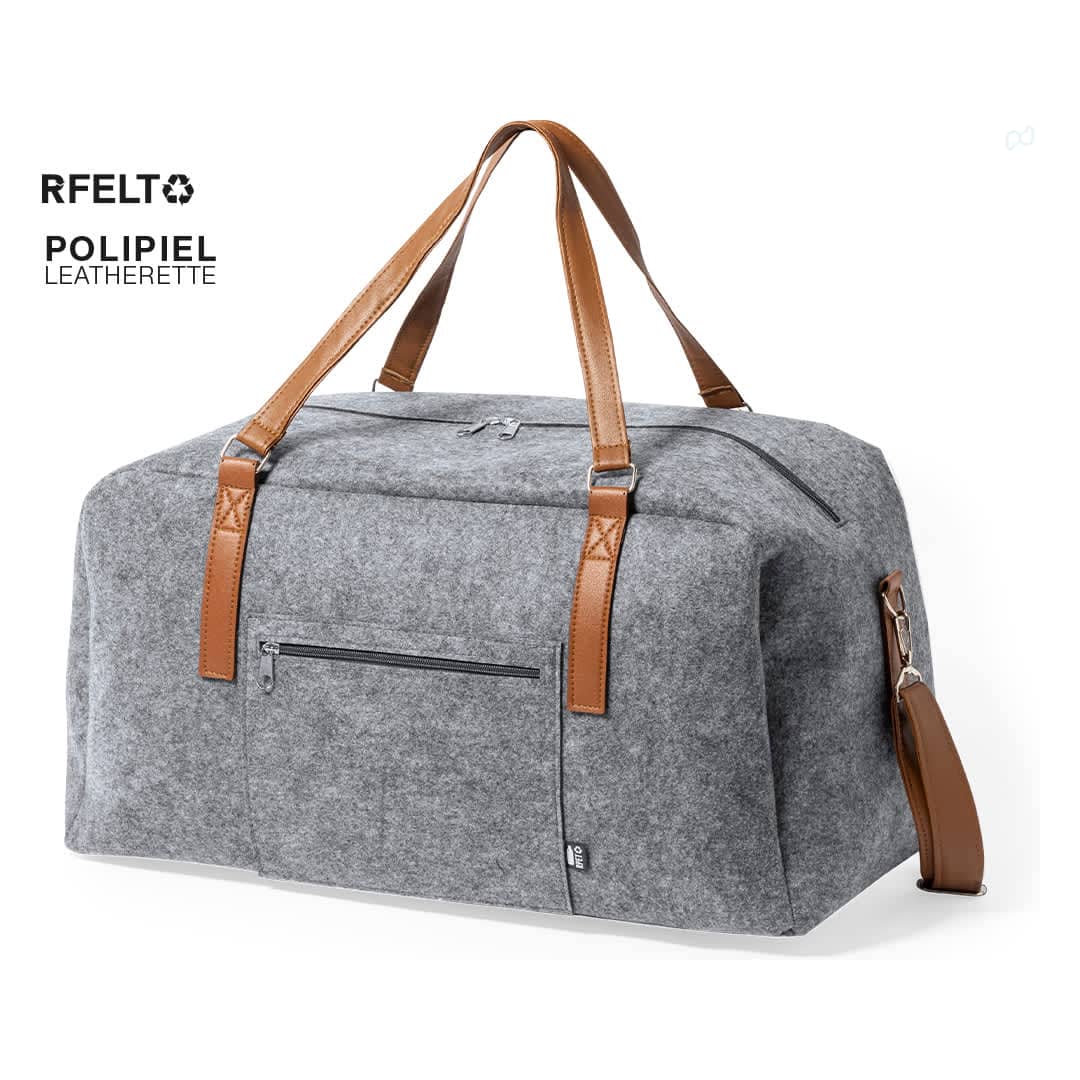 A grey duffel bag with leatherette straps and a front zipper pocket. It features a branding logo. Denver Bag - Image 1