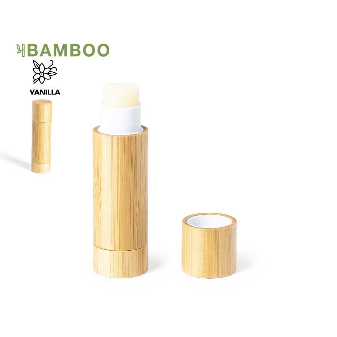 A bamboo tube of lip balm with a vanilla scent. The container has a natural, light wood finish and a smooth design. Fitol Lip Balm - Image 1