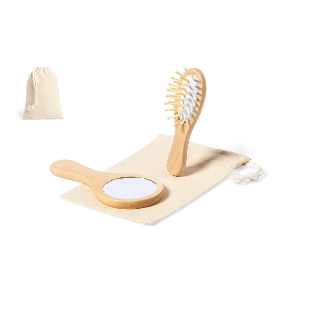 A wooden hairbrush and mirror set on a cream pouch, with a natural finish and soft bristles. Dianex Set - Image 1
