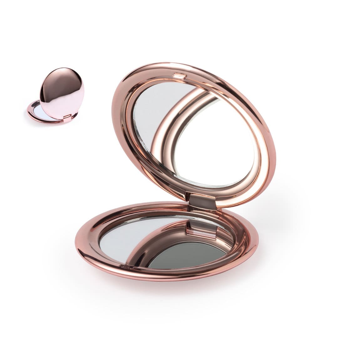 A rose gold pocket mirror with a sleek, circular design, featuring reflective surfaces on both sides. Busey Pocket Mirror - Image 1