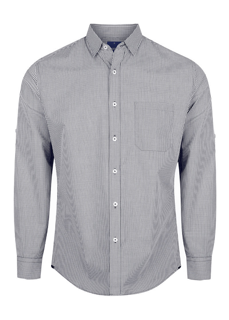 A button-up shirt featuring a black and white gingham pattern with long sleeves and a single chest pocket. Westgarth Gingham - Image 1