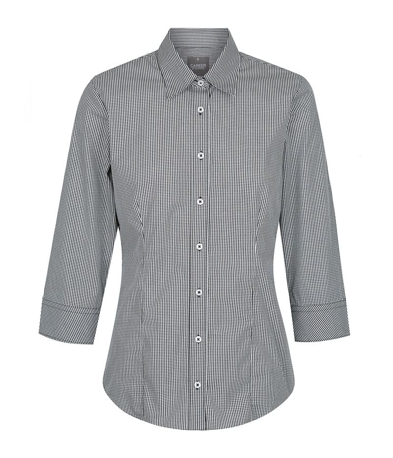 A button-up shirt in black and white gingham pattern with long sleeves and a collar, featuring a logo. Westgarth Gingham - Image 1