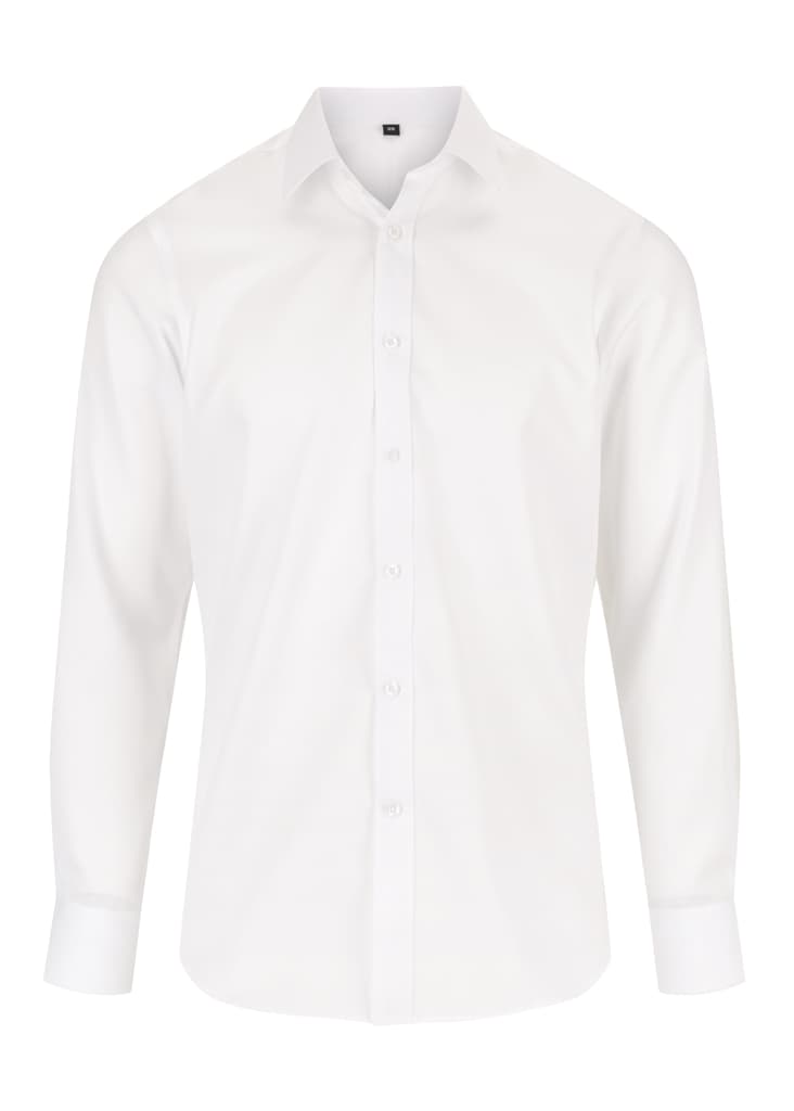 A white slim-fit button-up shirt with long sleeves and a collar, featuring a logo on the chest. Blake Non Iron Shirt Slim - Image 1