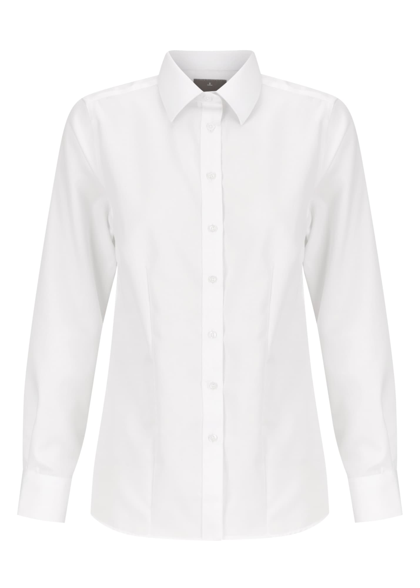 A white button-up women's shirt with long sleeves and a collar, featuring a logo. Blake Non Iron Shirt Womens - Image 1