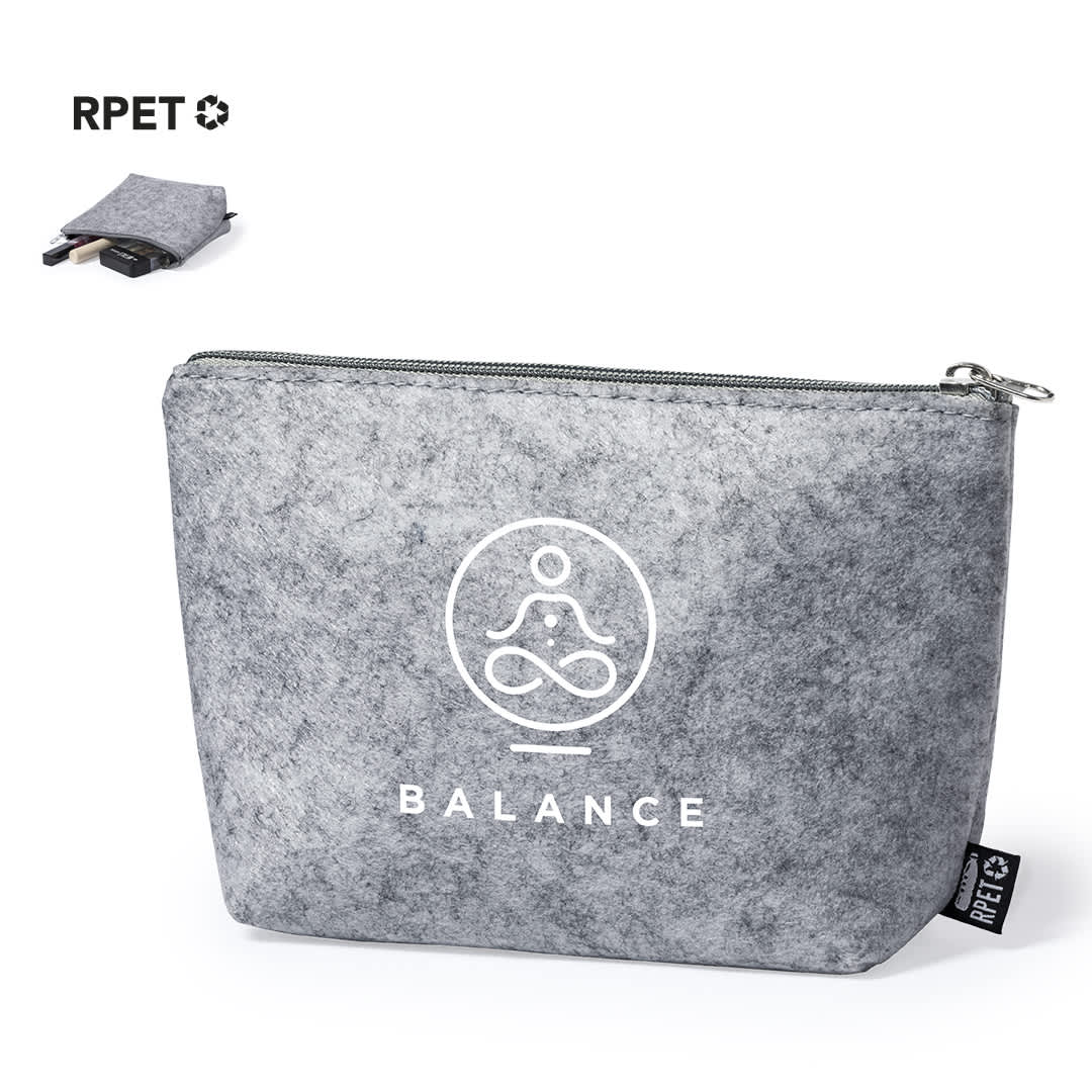 A grey toiletry bag with a zip closure, featuring a logo and a minimalist design. Ramsek Beauty Bag - Image 1