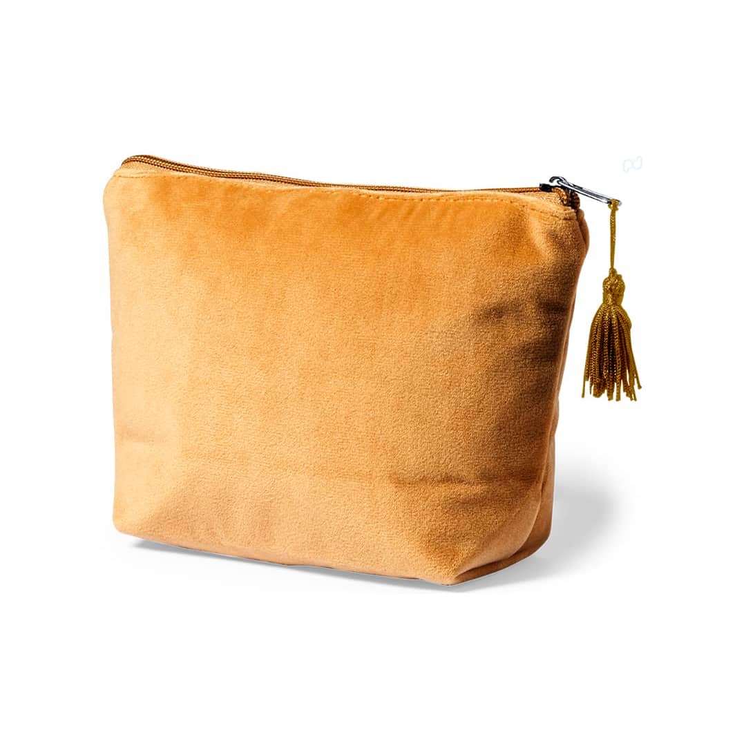 A soft, velvety orange toiletry bag with a zip closure and a decorative tassel. Roger Beauty Bag - Image 1