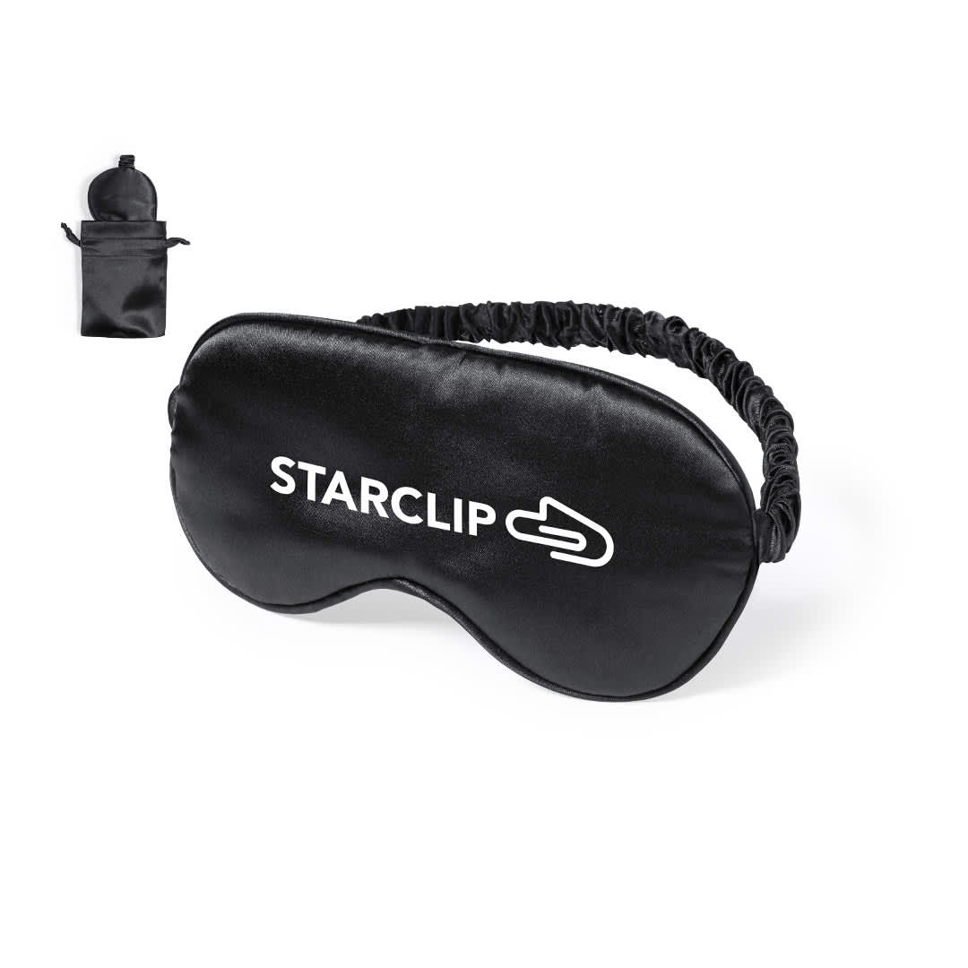 A black eye mask with an elastic band and a small carrying pouch, featuring a logo. Suitable for personal use. Brenda Eye Mask - Image 1