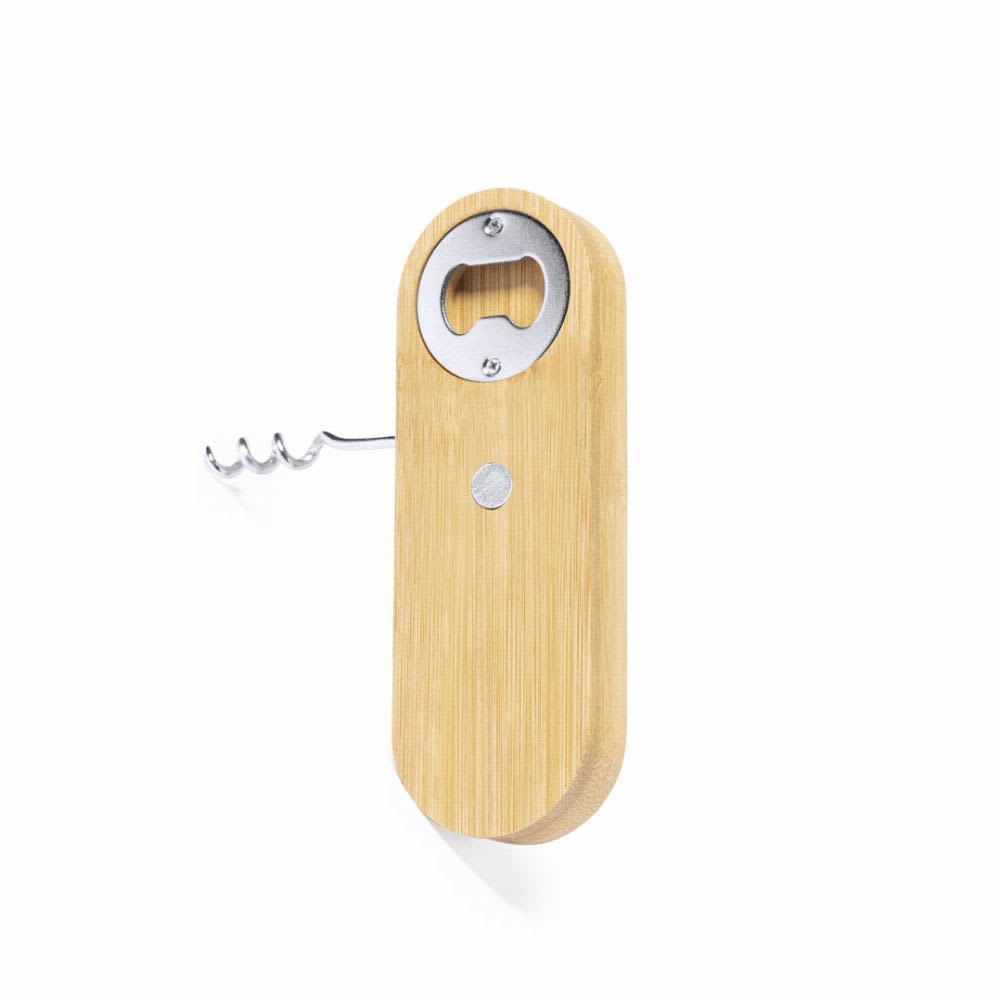 A corkscrew and bottle opener tool made from bamboo, featuring a metal bottle opener and spiral corkscrew. Perring - Image 1