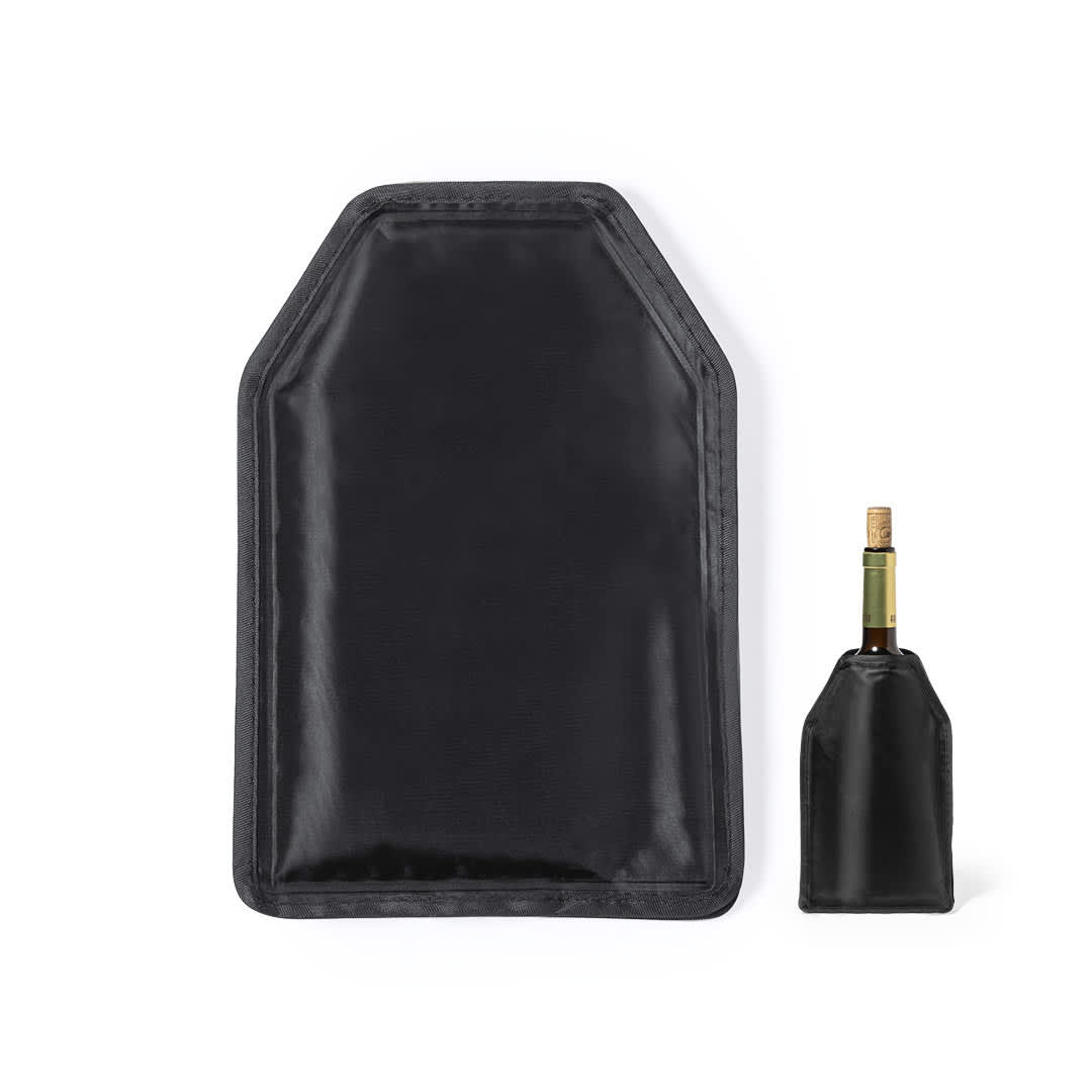 A drink bottle cooler in black, featuring a sleek design with a textured finish and a wine bottle inside. Mahony Bottle Cooler - Image 1