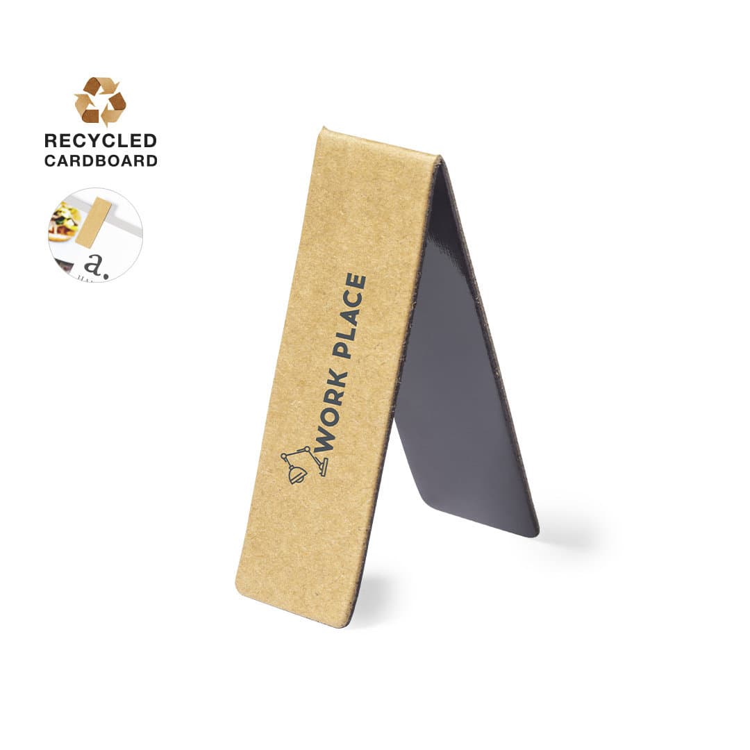 A triangular bookmark in brown recycled cardboard with a black panel, featuring the text "WORK PLACE" and a logo. Jofry Bookmark - Image 1