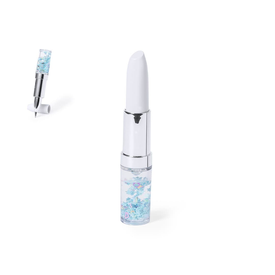 A pen with a white top and a transparent base filled with blue liquid and decorative elements, featuring a logo. Bracing Pen - Image 1