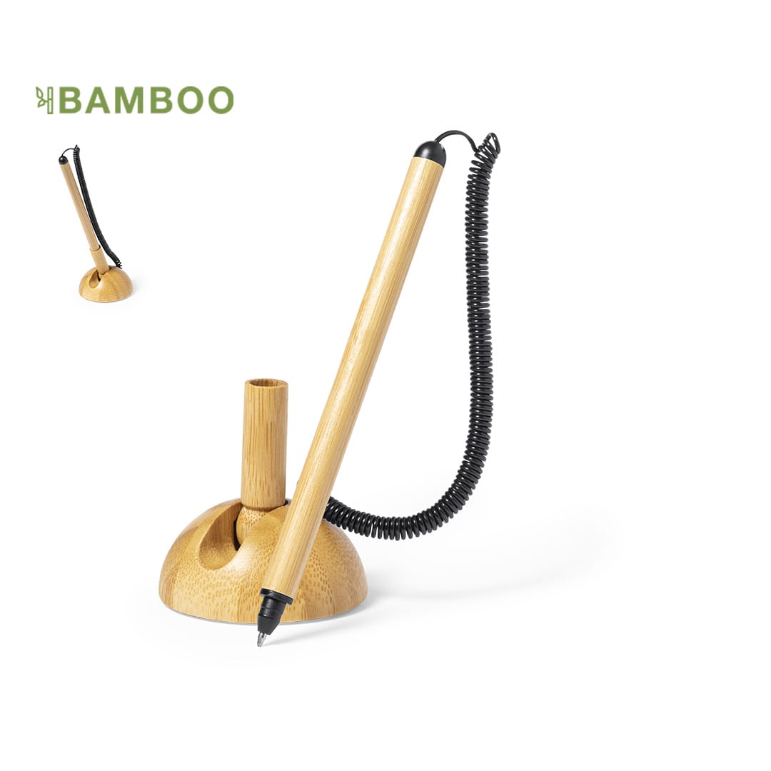 A wooden pen with a natural bamboo finish, seated in a round bamboo stand with a coiled tether. Mastor Pen - Image 1