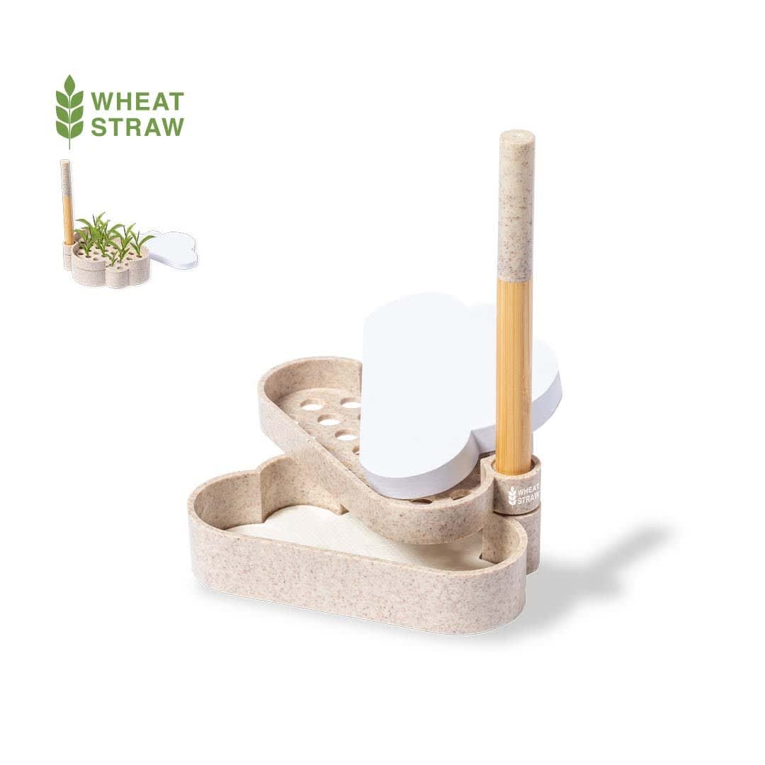 A notepad holder in heart shape, made of wheat straw with a bamboo pen, featuring a section for holding plant seeds. Lezo Seeds Notepad Holder - Image 1