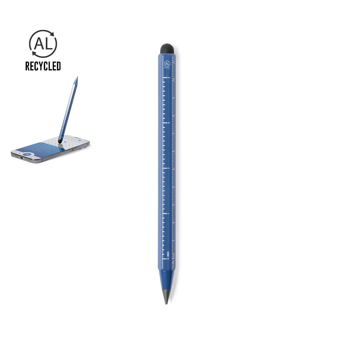 A blue multifunction pencil with a ruler design, featuring an attached eraser and a logo. Teluk Multifunction Eternal Pencil - Image 1