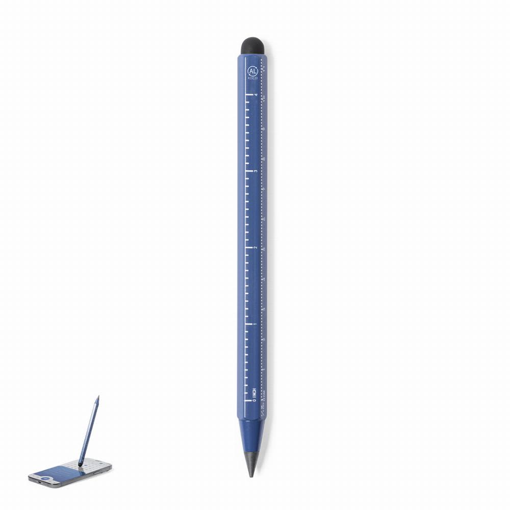A blue multi-functional pen with a ruler, featuring a sleek design and a logo. A black notebook is partially visible. Teluk - Image 1