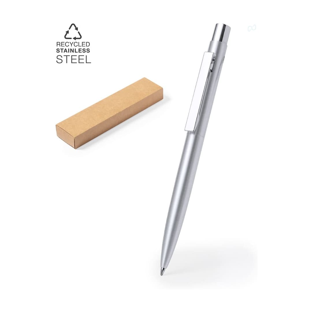 A silver metal pen is resting beside a brown rectangular box, showcasing its sleek design. The pen features a clip and has branding. Wutax Pen - Image 1