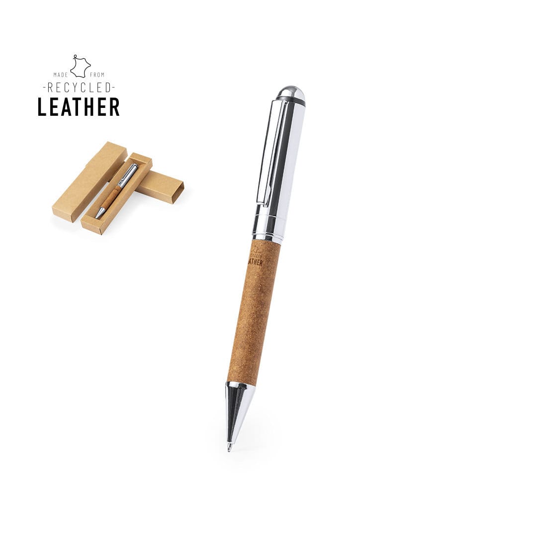 A metal pen with a cork grip, finished in silver, displayed in a small cardboard box. Features a logo. Rayulk Pen - Image 1
