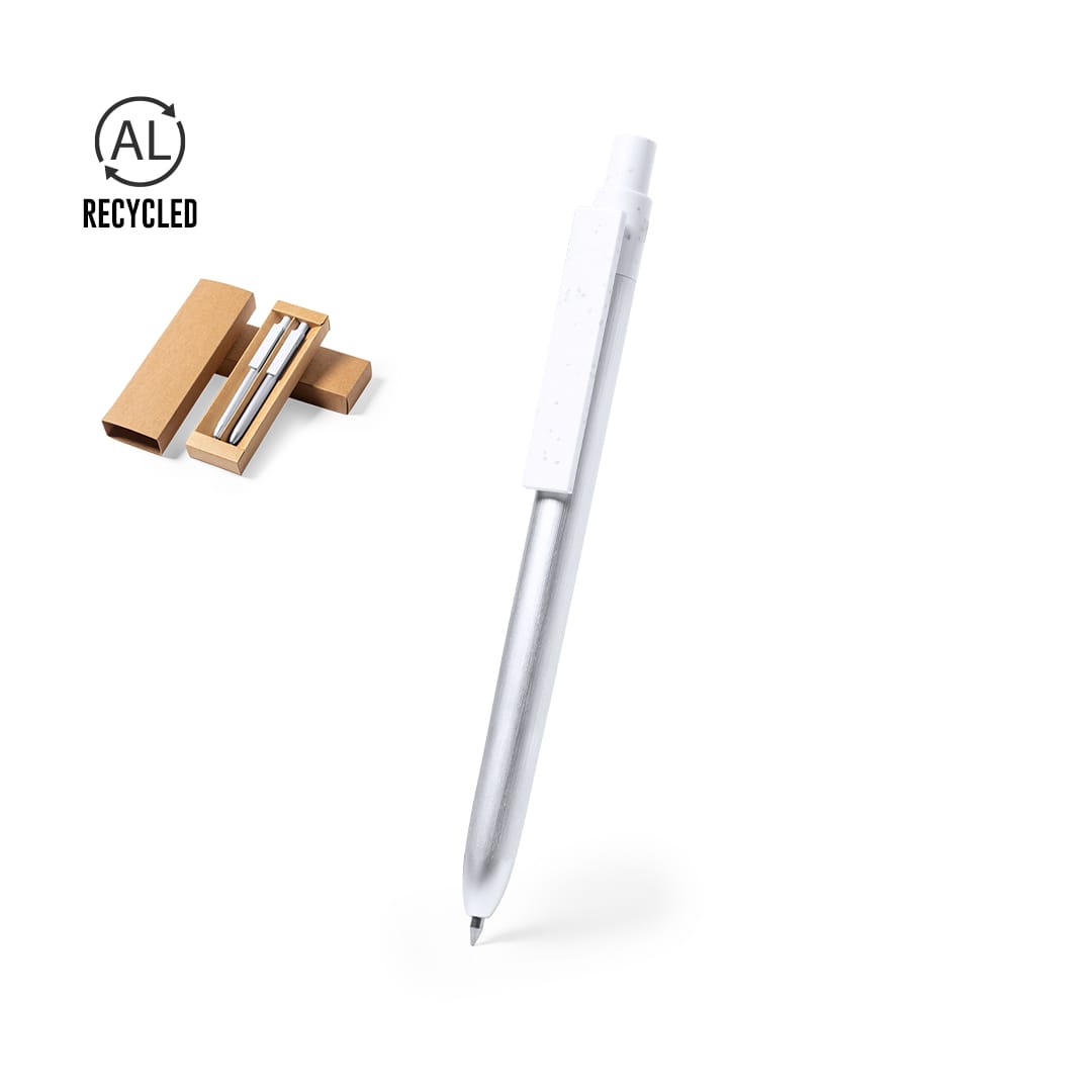A metal pen in silver with a white cap, alongside a cardboard box containing additional pens. Harzur Set - Image 1
