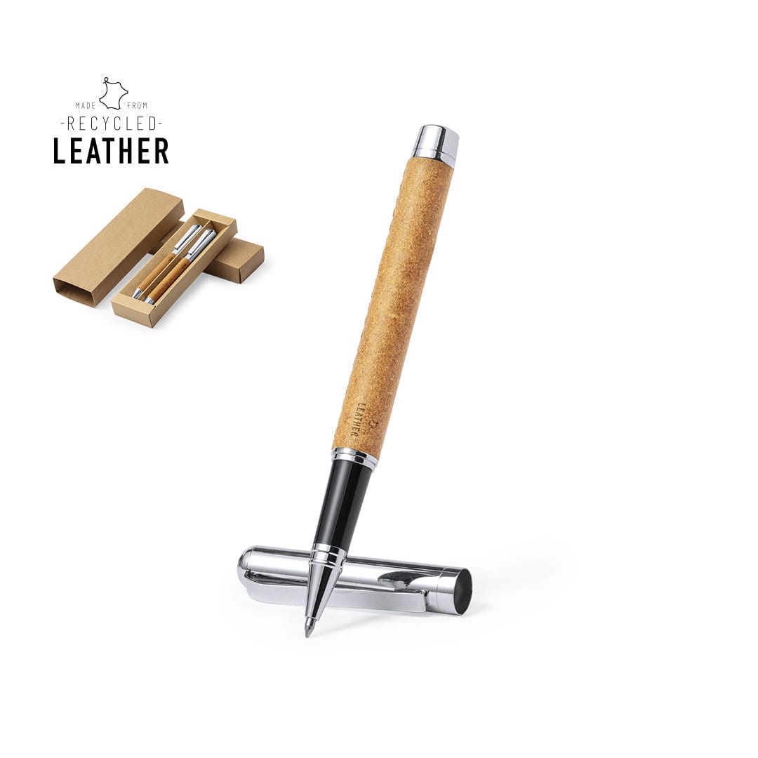 A metal pen with a cork grip, accompanied by a gift box containing multiple pens, featuring a logo. Vincen Set - Image 1