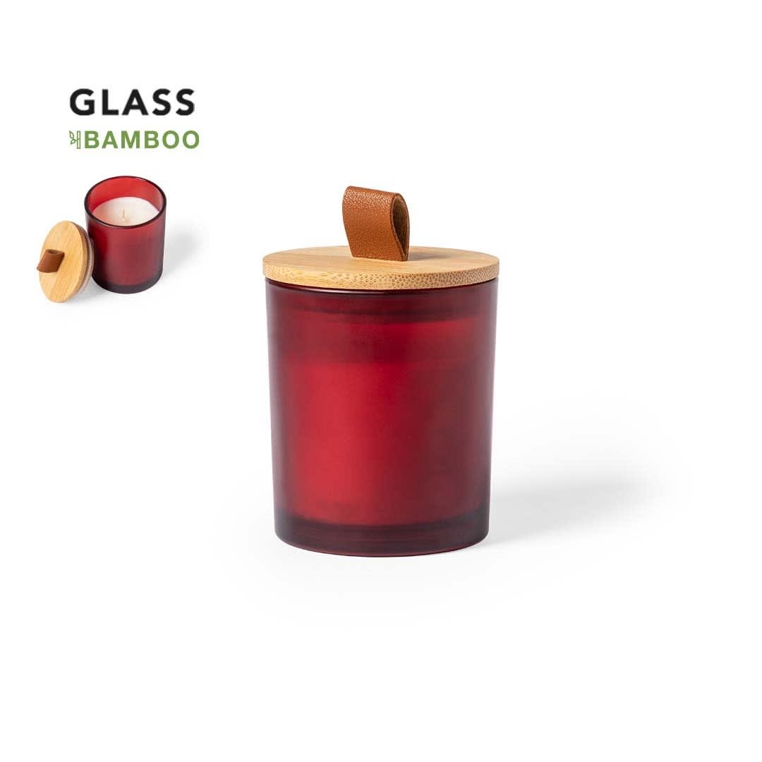 A red glass candle container with a bamboo lid and a leather strap. It has a minimalist design. Lonka Aromatic Candle - Image 1