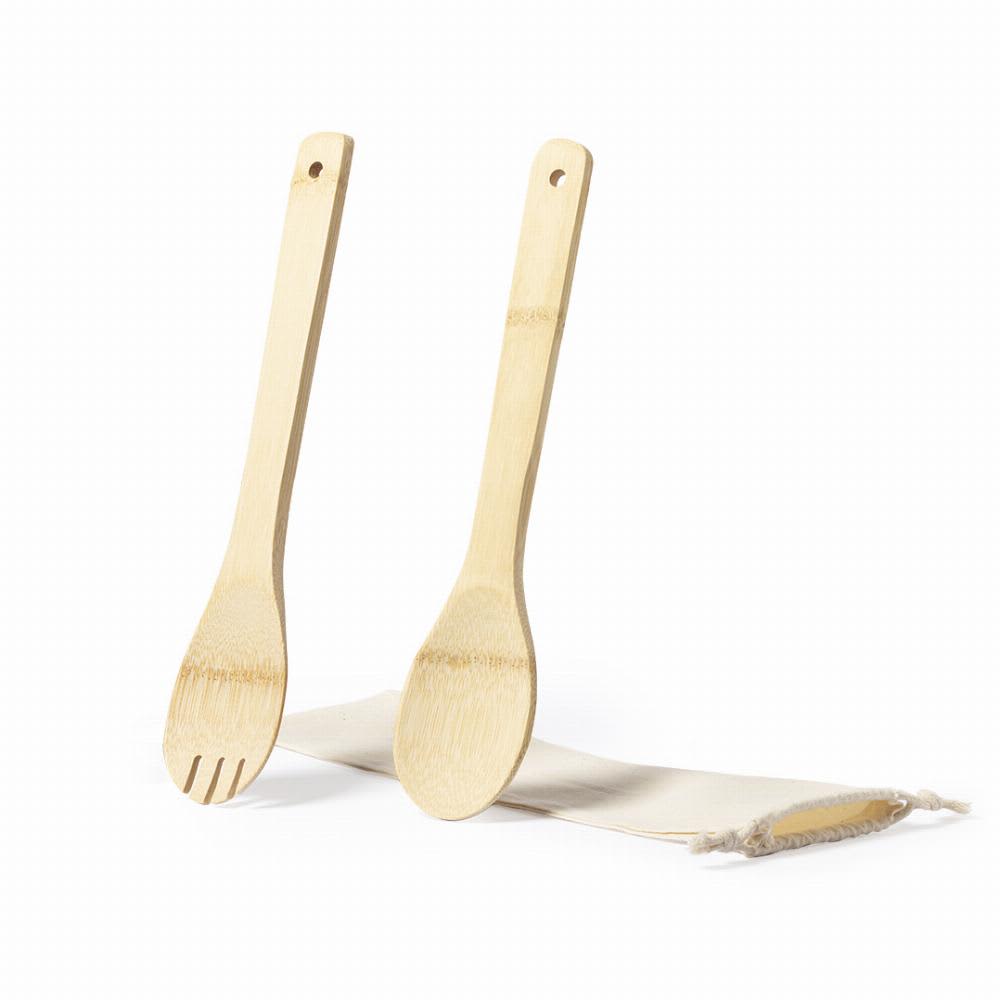 A set of wooden cooking utensils with a bamboo finish, accompanied by a canvas pouch for storage. Berter - Image 1
