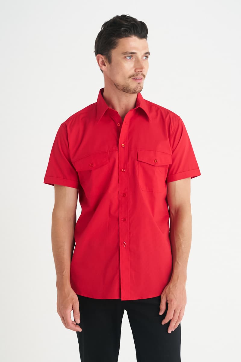 A red short sleeve button-up shirt for men with two chest pockets and a brand logo. Harley - Mens Short Sleeve Shirt - Image 1