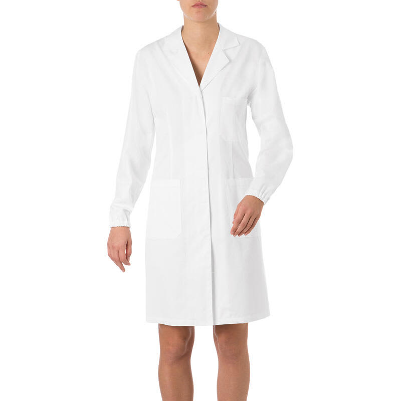 A white lab coat with long sleeves and two front pockets. It features a simple collar design. Janeta Lab Coat - Image 1