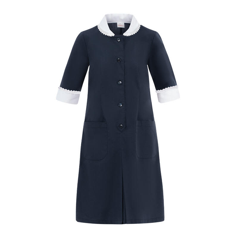 A navy blue dress with a white collar and cuffs, featuring buttons and two front pockets. It has a branding logo. Lilian Dress - Image 1