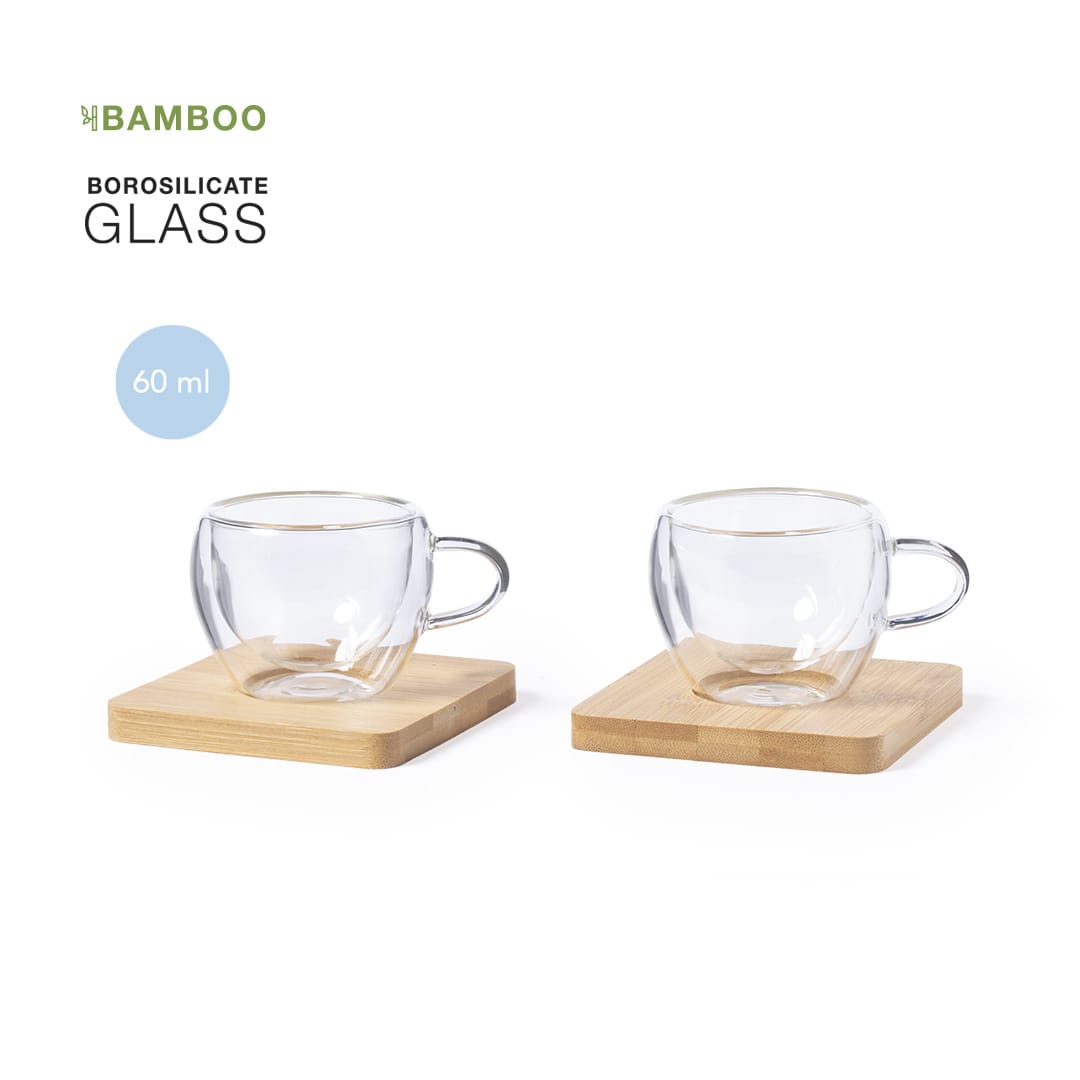 A set of two clear borosilicate glass mugs with bamboo coasters, each holding 60 ml. Gladen Mugs Set - Image 1