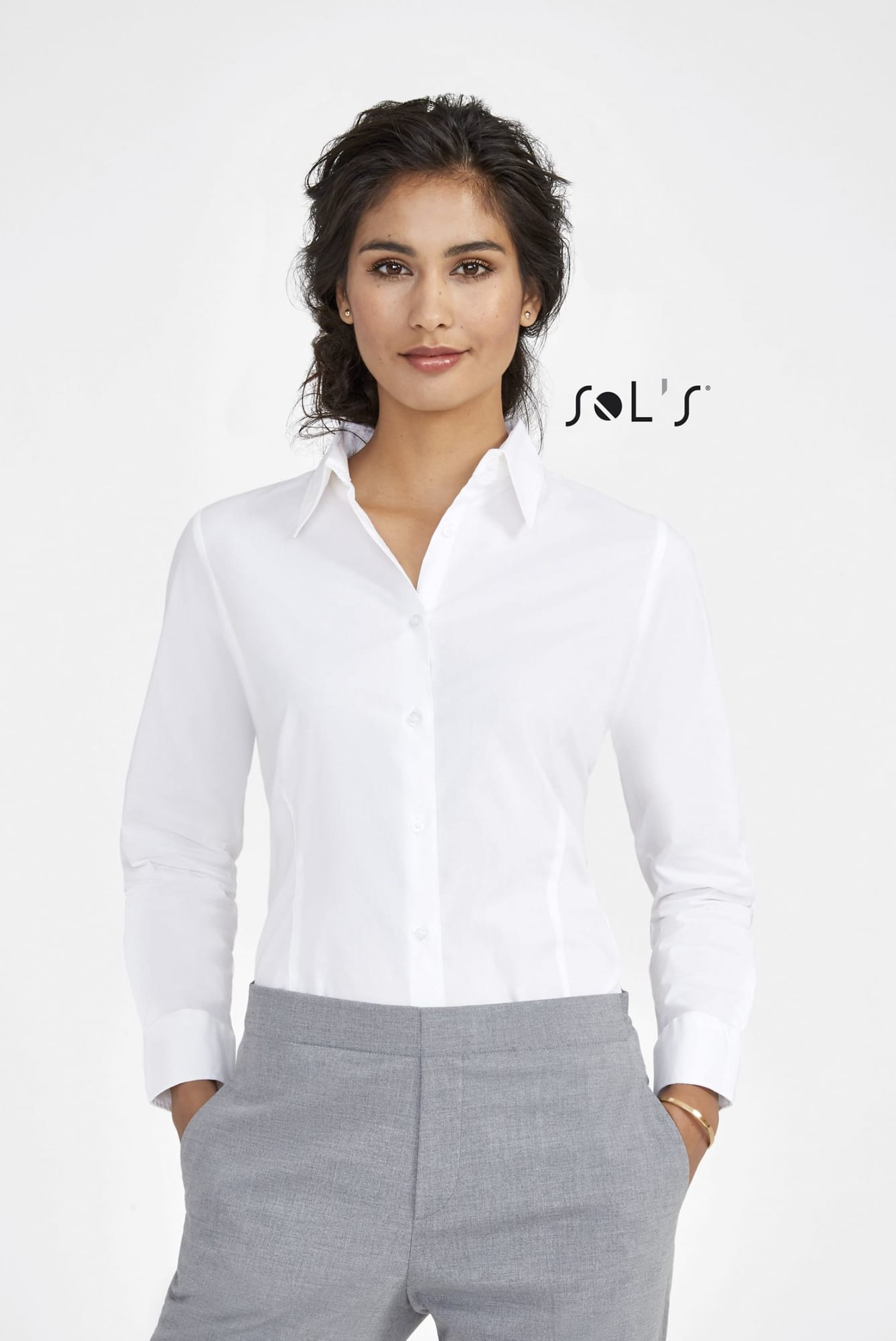 A white long sleeve women's business shirt with a collared neckline, featuring a logo on one side. Business shirt EDEN LONG SLEEVE STRETCH WOMEN'S SHIRT - Image 1