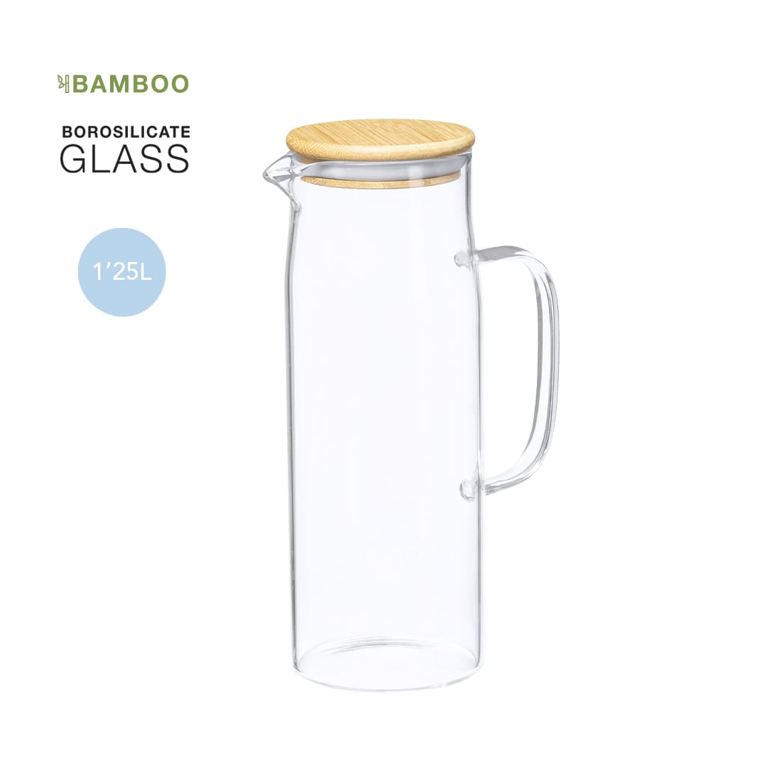 A drink bottle made of clear borosilicate glass with a bamboo lid, featuring a handle and a capacity of 1.25L. Dibrix Jug - Image 1