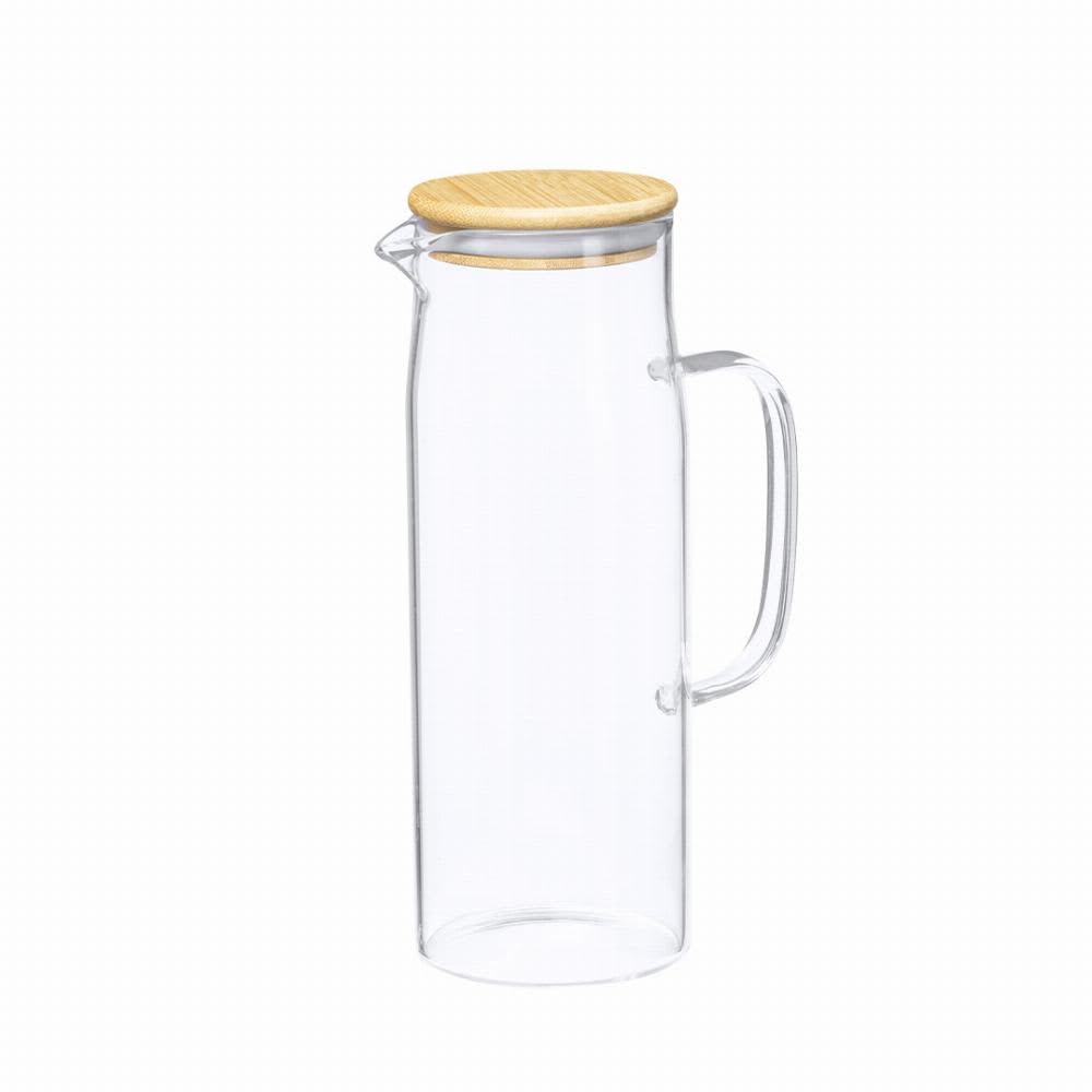 A drink bottle with a clear glass body and a wooden lid, featuring a handle for easy pouring. Dibrix - Image 1